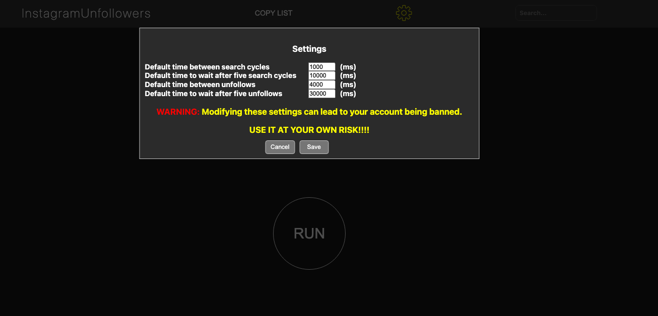 Settings screen